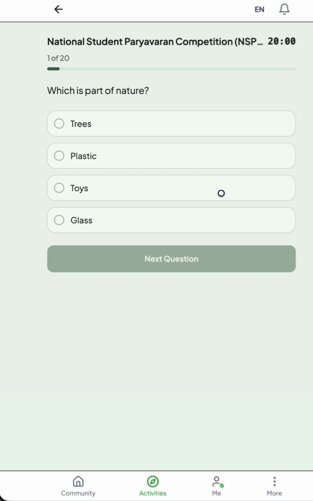 NSPC quiz showing question one of twenty