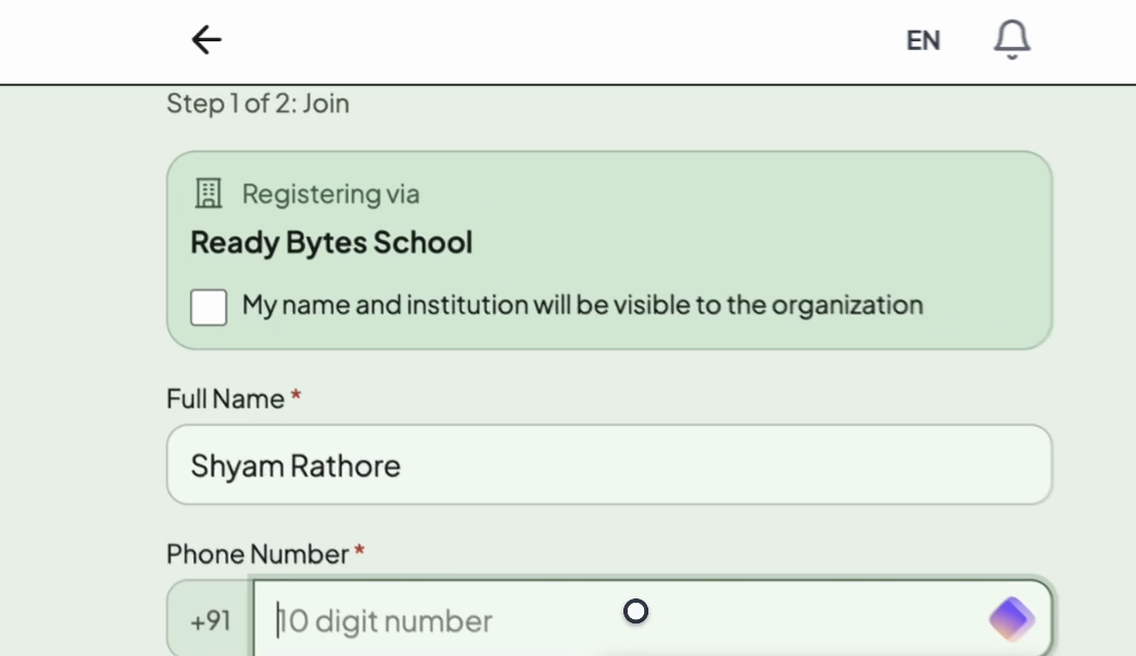 Student registration form pre-filled with the host institution's name